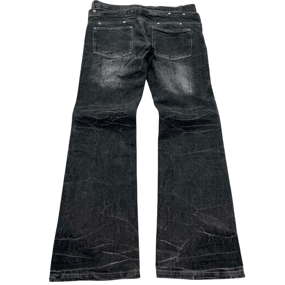 Mens Black Distressed Lace Up Front Flared Jeans Studded Punk Gothic Denim - Picture 2 of 4
